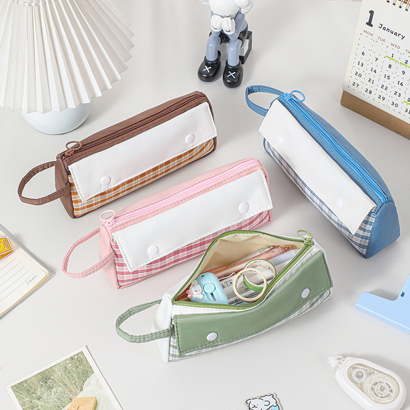 2024新品日系小清新格子拼接文具笔袋收纳学生文艺范手提双口笔袋详情图4