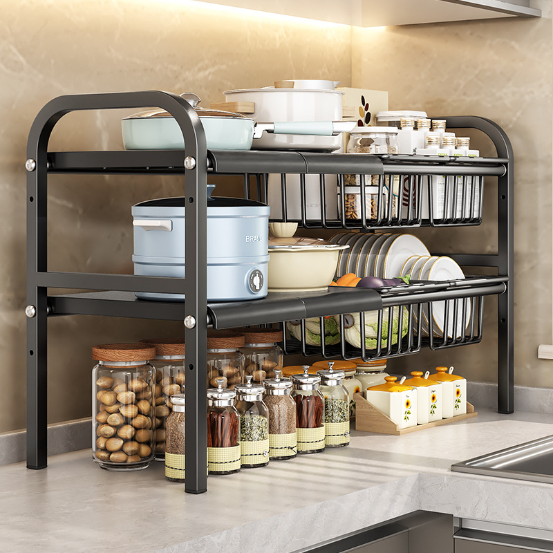 A best-selling kitchen sink retractable storage rack in Japan and South Korea, a multi-layered storage rack for cabinets, and a storage wonder under the washbasin Specification image