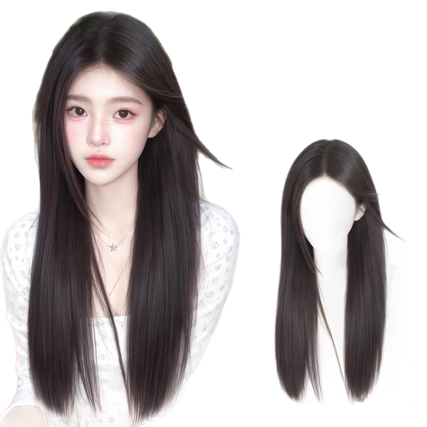 Konecranes wig full head set for women, fluffy and realistic human hair, middle black long straight, natural daily full wig set Item Picture
