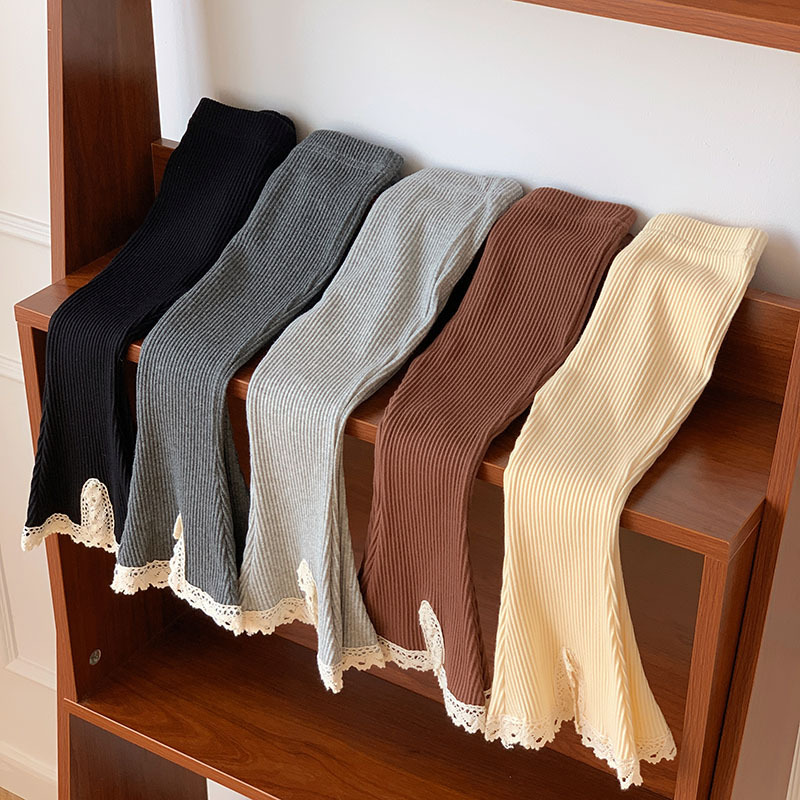 2025秋新款女童长裤ins针织百搭简约蕾丝喇叭裤中小童开叉花边裤