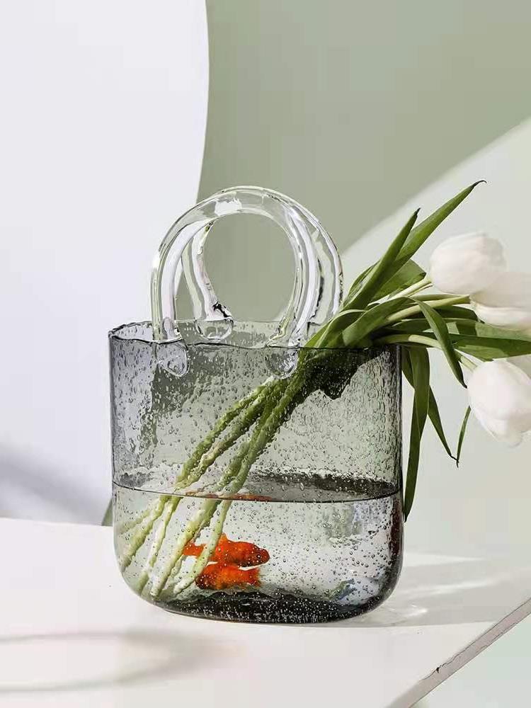 New glass handbags, transparent vases, illustrations, creative desktop ornaments, cross-border products, bubble bottles, hand-held baskets, crystal handicrafts Specification image