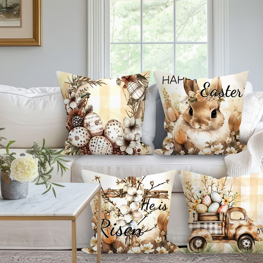 欧美跨境节日装饰座椅汽车靠垫套高颜值复活蛋兔子印花靠枕抱枕套