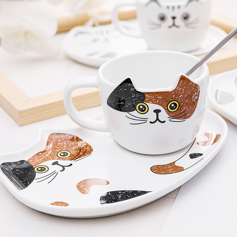 北欧风咖啡杯碟创意猫咪陶瓷杯简约情侣水杯办公室商务马克杯批发产品图