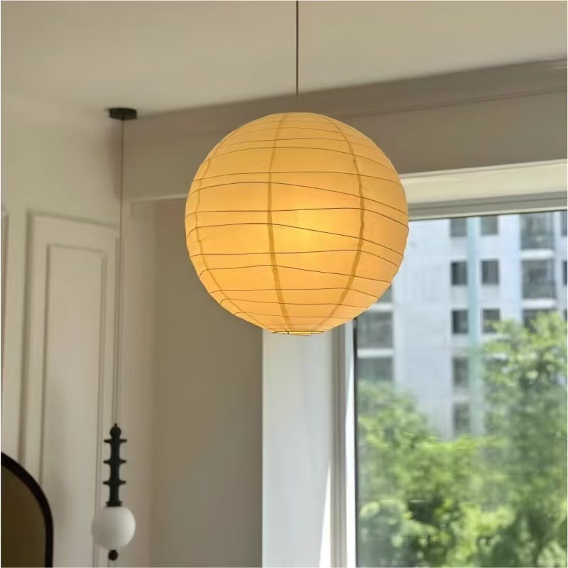 Japanese wabi-sabi style paper lamp by Isamu Noguchi, bedroom, dining room, guesthouse, living room, clothing store, atmosphere, round rice paper chandelier details Picture