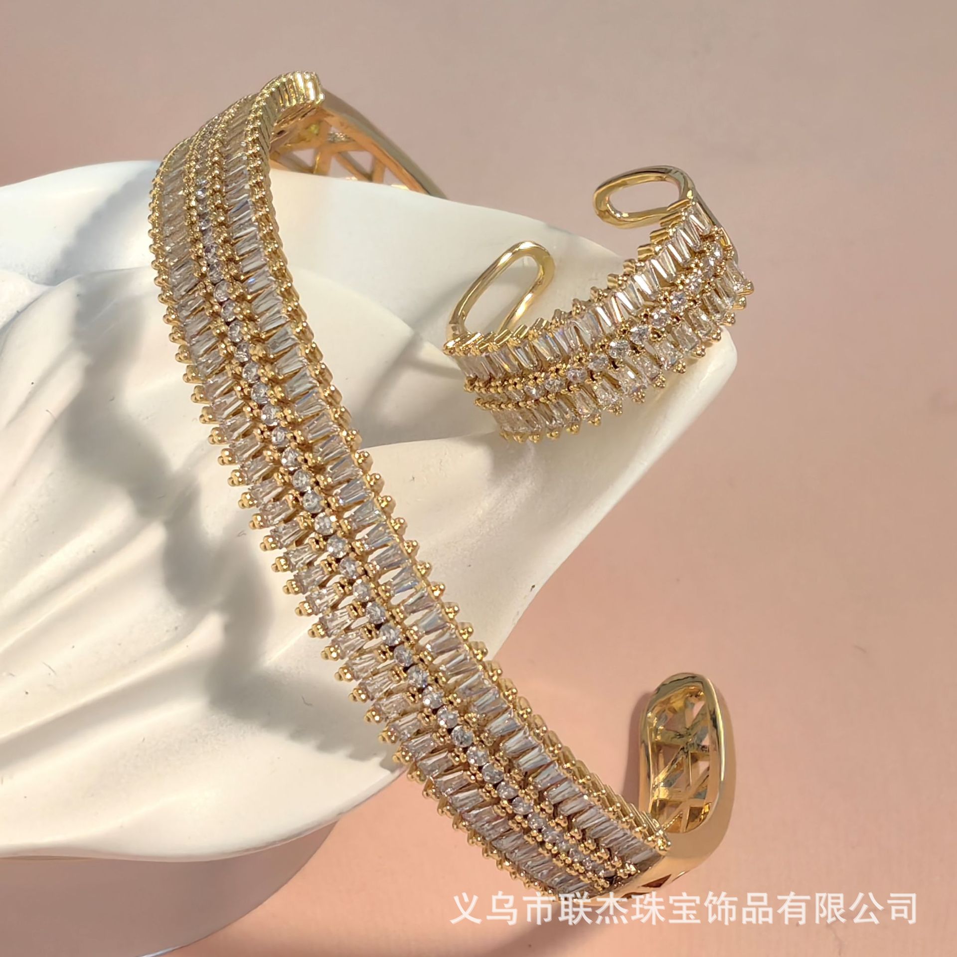 镶钻锆石开口18K真金电镀手镯戒指套装ins风设计感简约几何时尚网