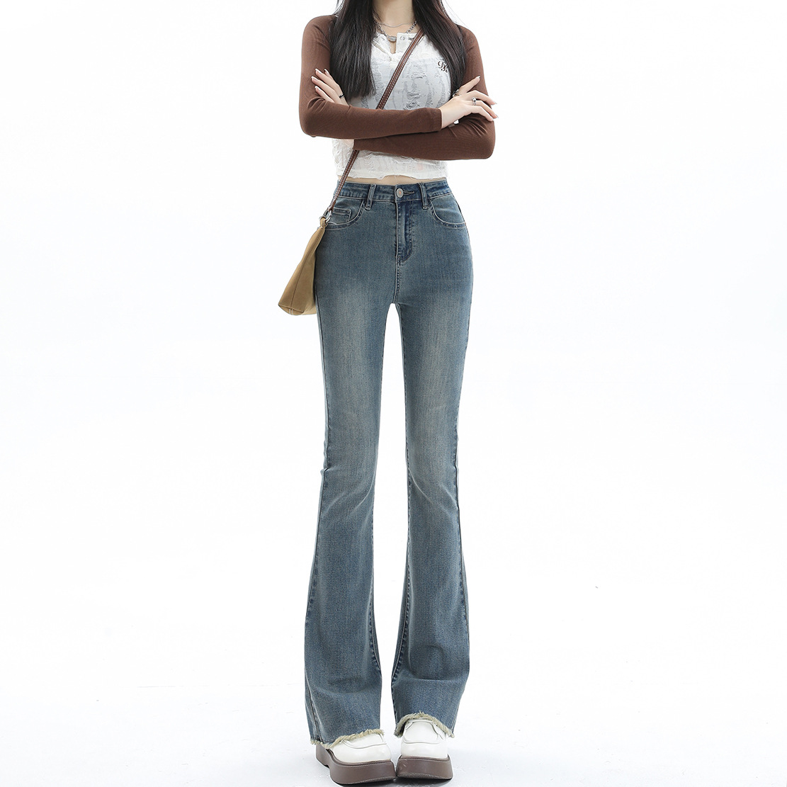 Light Color Micro Ripped Jeans Female Summer Slimming Xintang Denim Capital Nine Points Small Straight Flared Pants Spring And Autumn Application Scenario