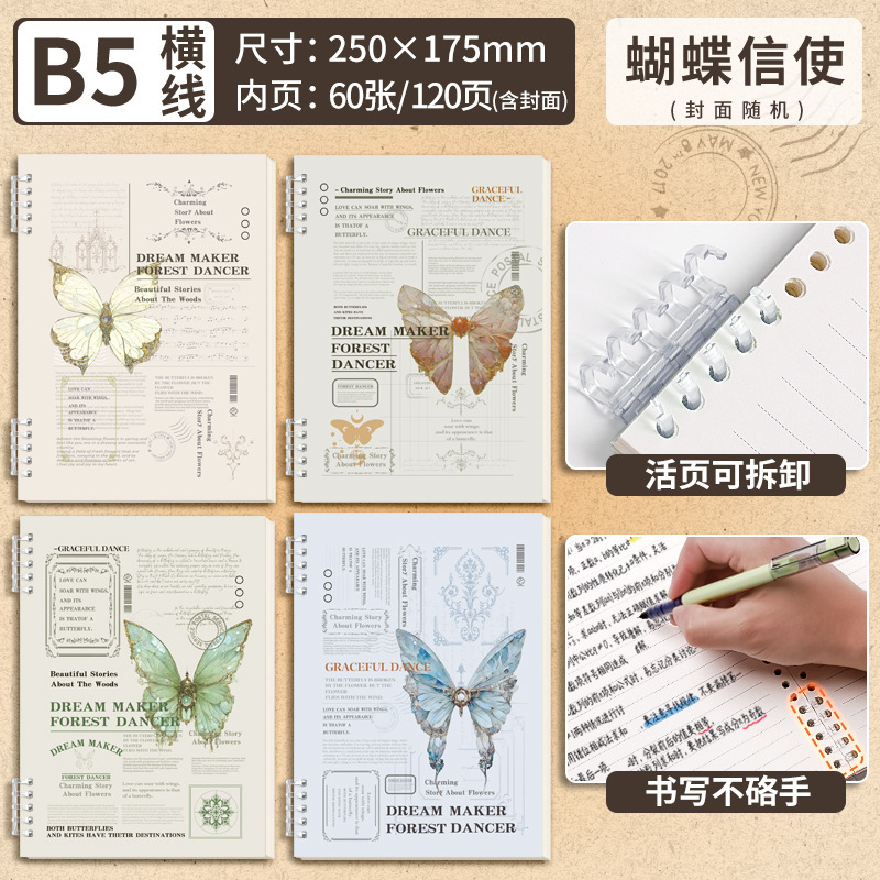 Retro butterfly British binder A5/B5 with inner core buckle design, single thickened OPP bag packaging pic 1