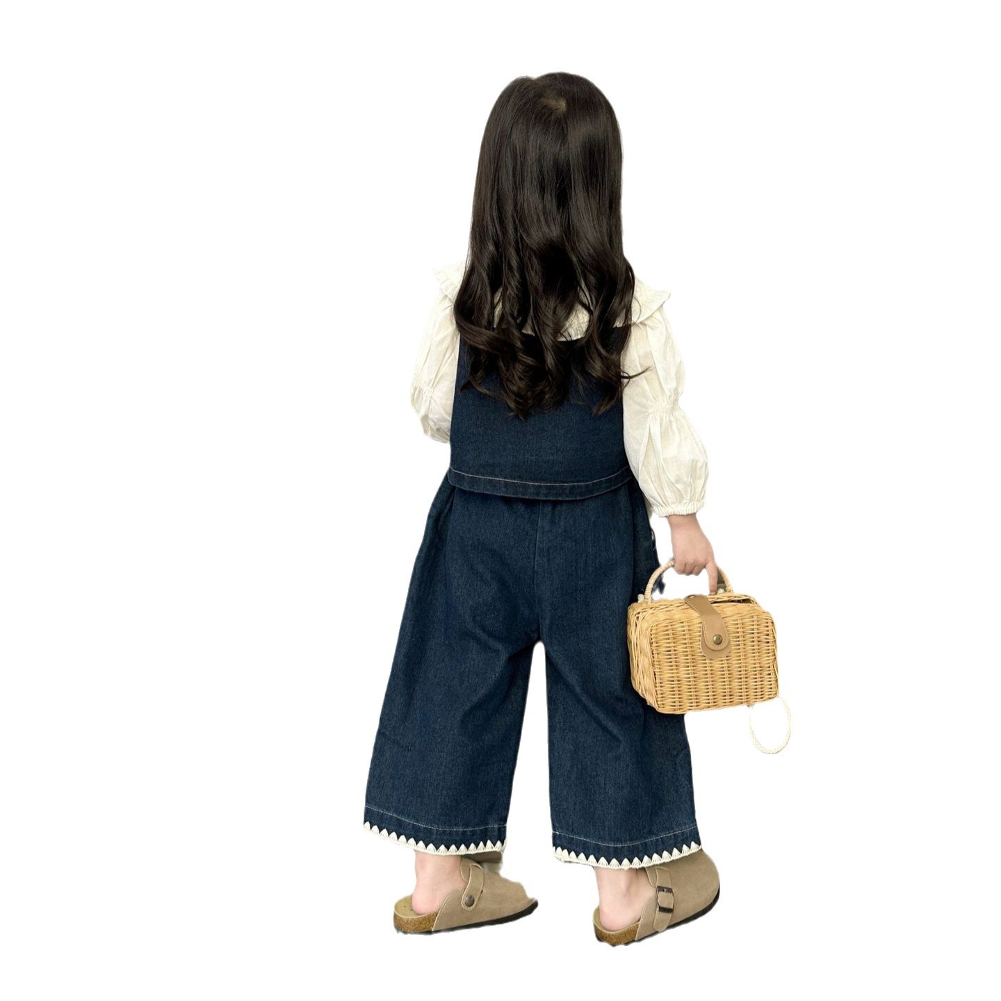 2024 Autumn New Girls Fashion Suit Children's Style Lapel Shirt + Denim Vest Pants Three-Piece Set Item Picture