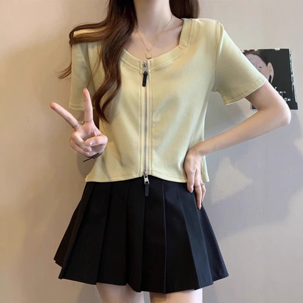 Verano nuevo estilo pequeño aroma estilo doble cremallera slim hombro derecho slim diseño sentido nicho dulce y picante estilo cardigan top mujeres Specification image