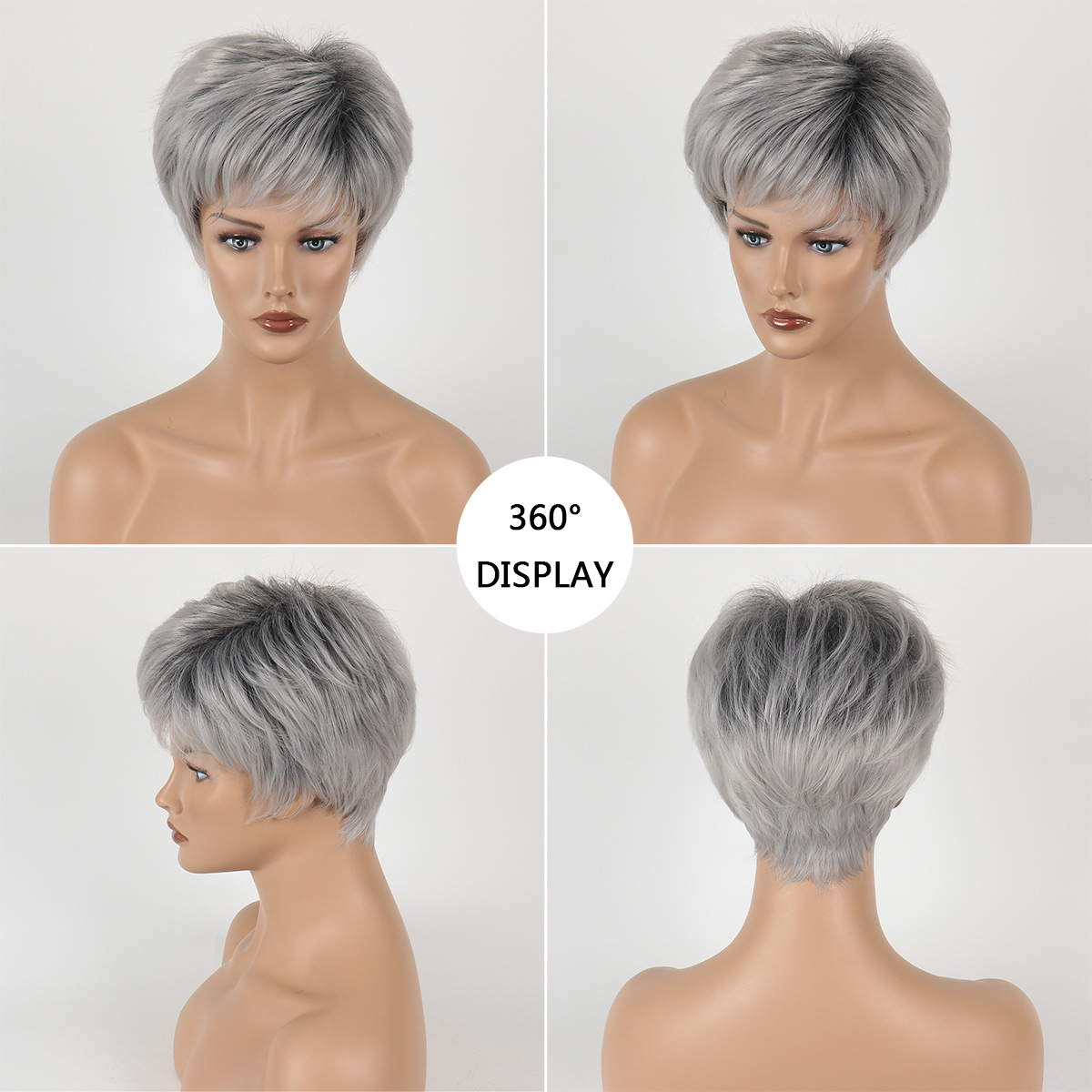 Cross-border for European and American wig women short straight hair silver gray gradient wig head set Amazon explosive short hair Specification drawing
