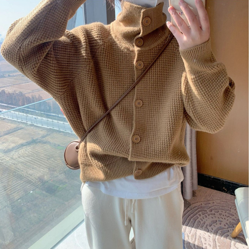 Soft and niche waffle single-breasted knitted cardigan for women 2022 autumn and winter new lapel long-sleeved sweater coat for women