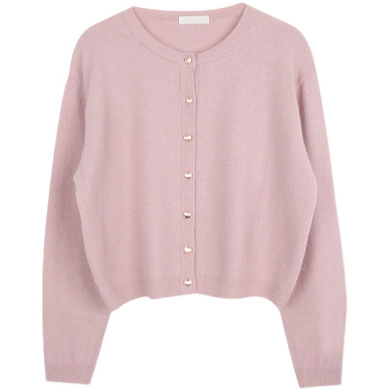 A gentle pink woolen sweater for women in autumn, paired with a loose and laid-back short knitted cardigan jacket Item Picture