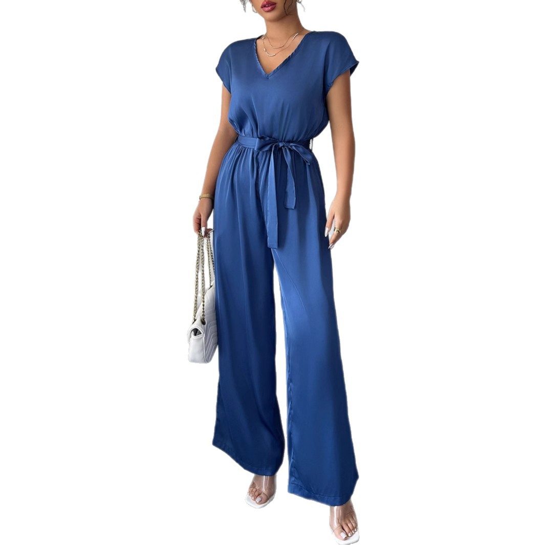 Cross-border European and American simple and fashionable style deep V high-end wide-leg jumpsuit women's clothing Spring/Summer 2025 Amazon independent store Item Picture