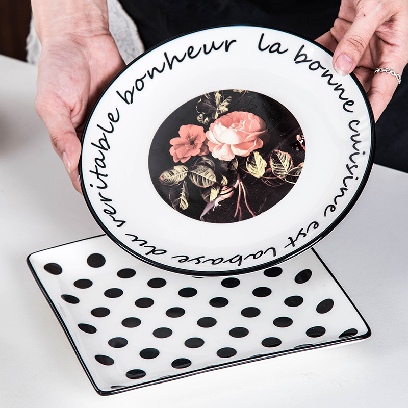 【2 pieces 】 Hepburn style European-style household ceramic plate set tableware 8-inch square plate + 8-inch round plate in ins style details Picture
