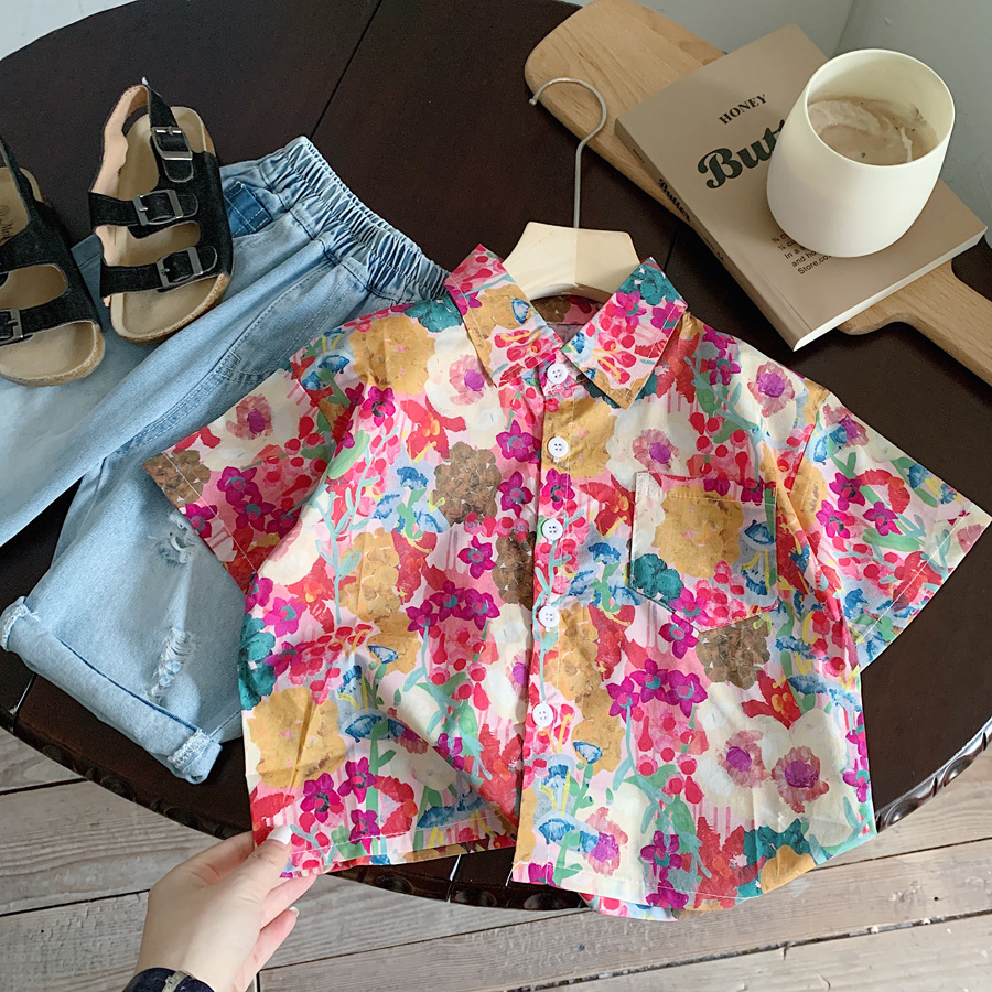 Children's pure cotton shirt 2024 Summer new style boys' and girls' casual top, loose, versatile and fashionable short-sleeved for babies details Picture