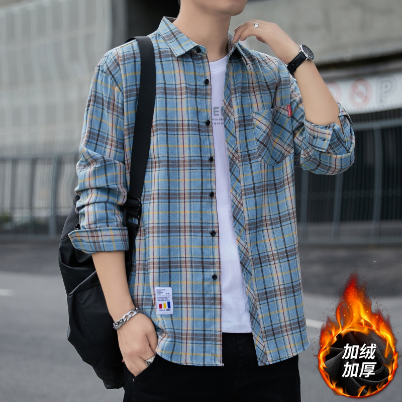 Winter men's loose checked shirts, autumn coats, long-sleeved brushed shirts for students, casual, fleece and thickened men's wear Specification image