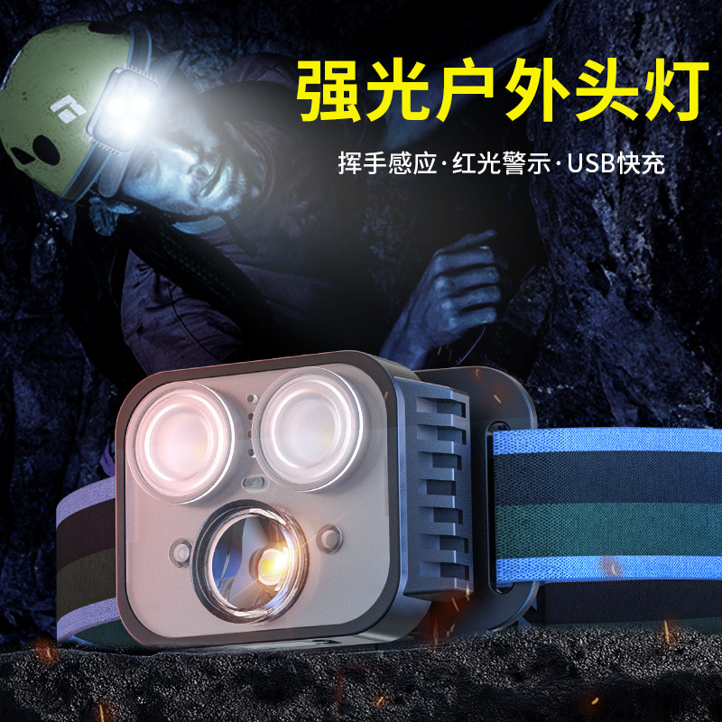 2022新款强光头戴式头灯 户外充电小手电筒感应夜钓超长续航矿灯