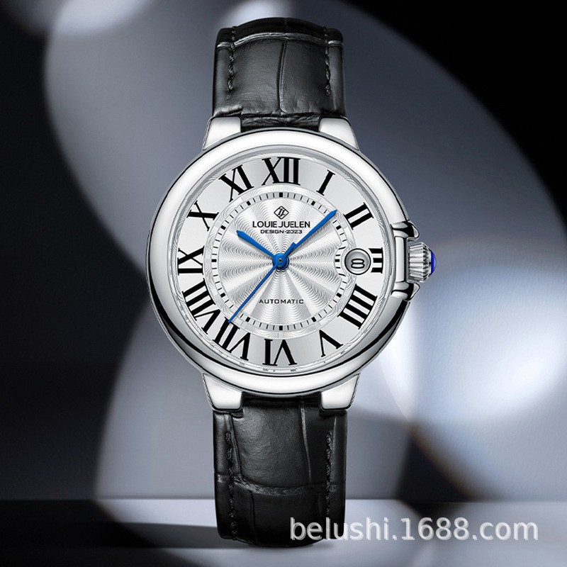 The genuine Blue Balloon series of women's mechanical watches, live-streaming bestsellers, fully automatic leather strap blue hand wristwatches details Picture