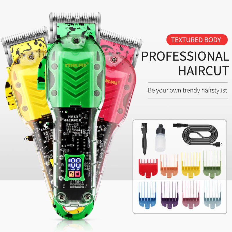 Transparent four-color hair clipper with LCD display, USB rechargeable electric clipper, professional oil-head clipper, cross-border wholesale