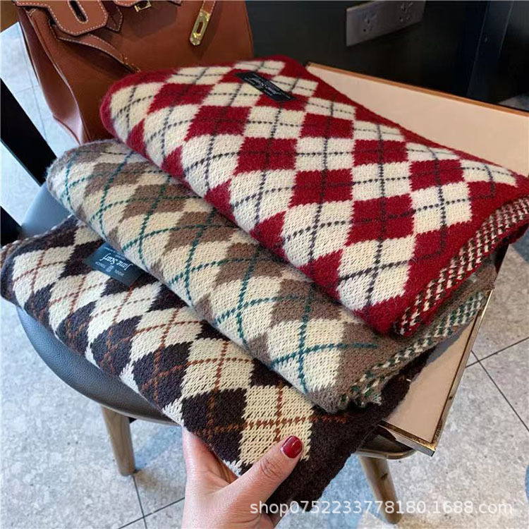 韩版毛线菱形格子围巾女秋冬季日系复古百搭保暖针织围脖学生情侣