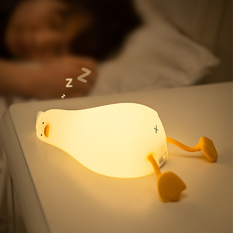 Lying flat Duck night light, patting light, silicone LED, turning duck, charging, bedside companion, mobile phone stand, night light creativity Specification image