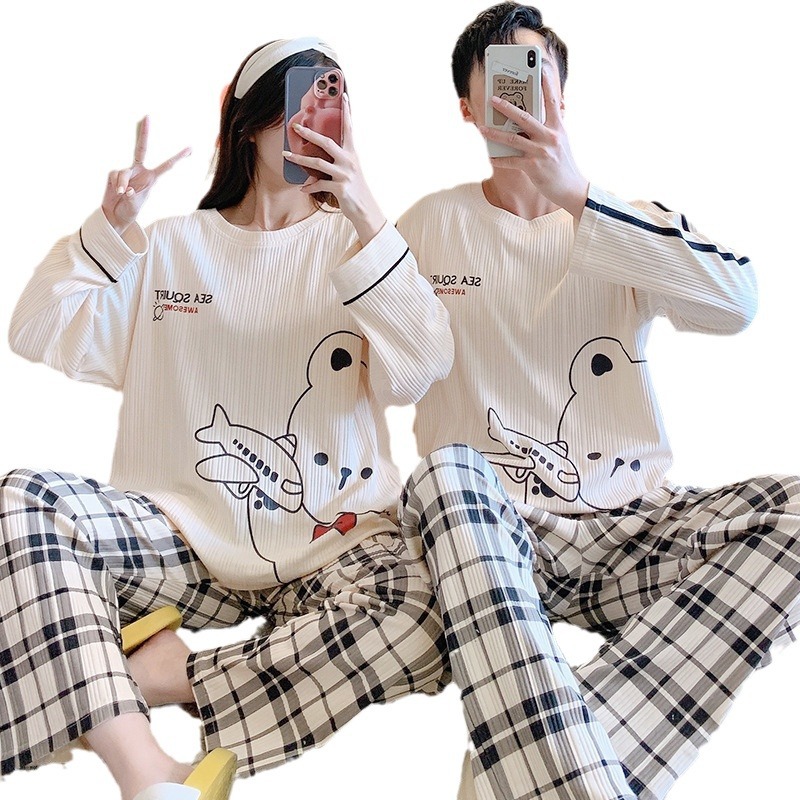 2023 Autumn/Winter Korean Couples Pure Cotton Pajamas Women Can Wear Male Leisure Cotton Long-Sleeved Pullover Home Clothing Item Picture