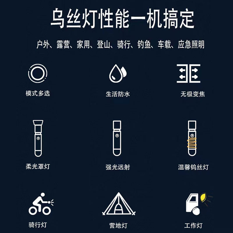 New LED+ tungsten filament flashlight, multi-functional camping atmosphere light, camping outdoor retractable zoom strong light flashlight, camping light, camping trolley shopping cart, outdoor light, retro rechargeable light, outdoor Specification image