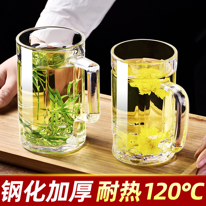 玻璃杯透明大号啤酒杯加厚耐热无盖带把茶杯棋牌室KTV酒杯青苹果