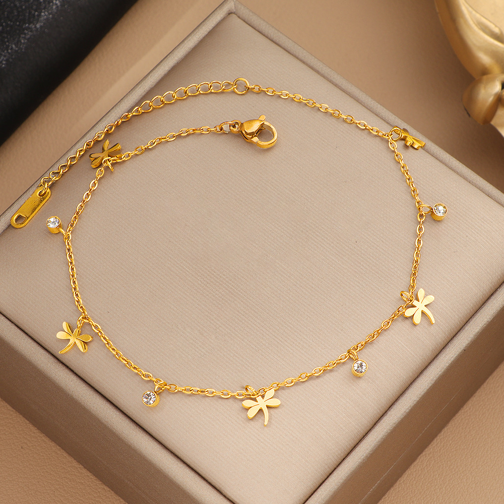 European and American Amazon dragonfly short tassel zircon pendant anklets, stainless steel ankle chains, fashionable and trendy women's accessories details Picture