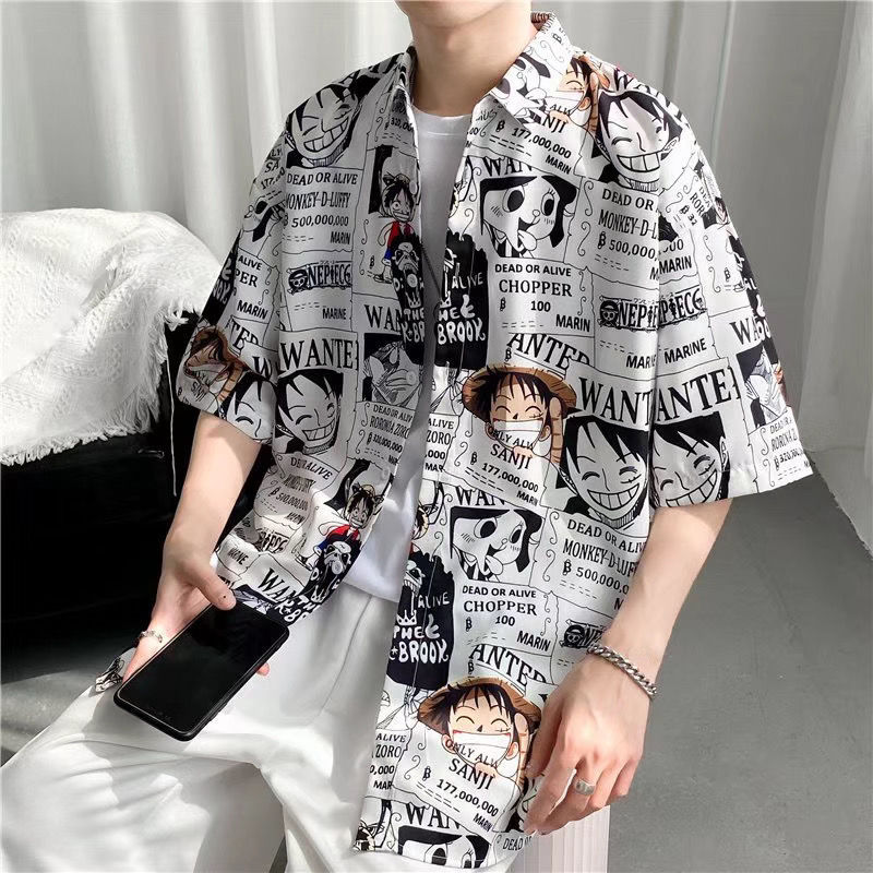 A cool and stylish One Piece Luffy graffiti short-sleeved shirt for men, a thin, loose, trendy and versatile couple shirt with half sleeves for summer