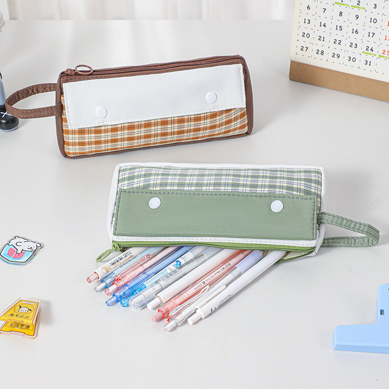 2024新品日系小清新格子拼接文具笔袋收纳学生文艺范手提双口笔袋详情图3
