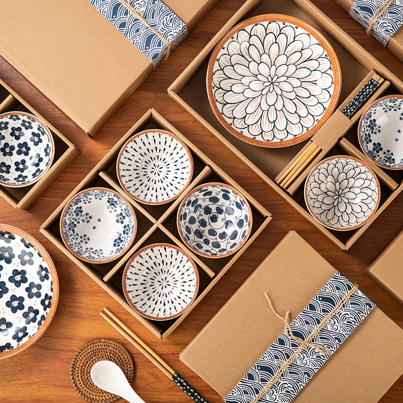 日式陶瓷碗套碗礼盒装釉下彩手绘陶瓷餐具开业活动碗套装加印logo