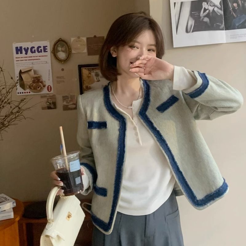 French Small Fragrance Color Splicing Denim Coat Female Spring And Autumn New Style Temperament Design Sense Of Short Top Specification drawing