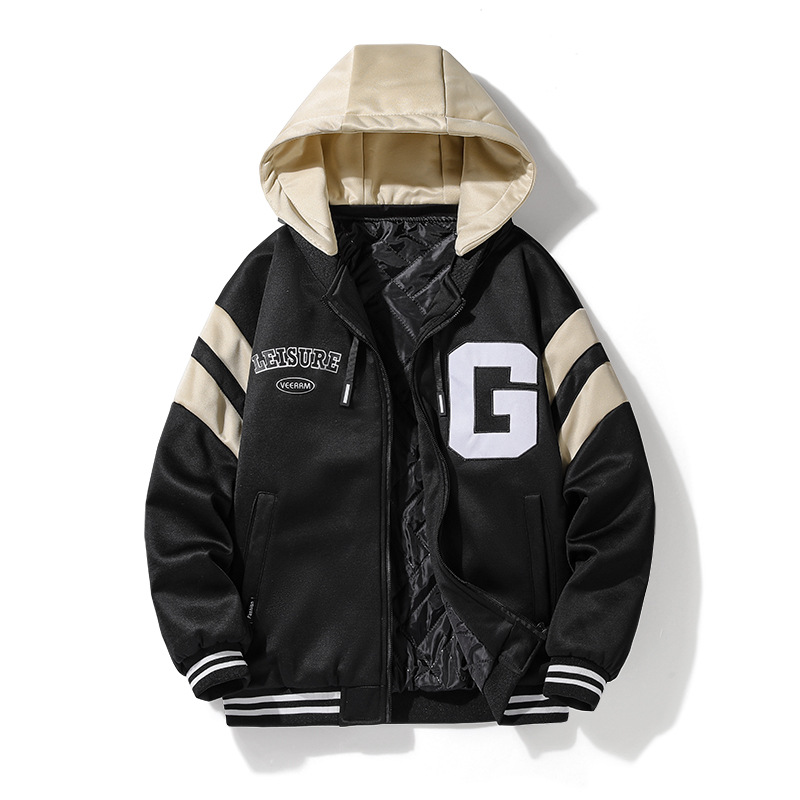 Cross-border coat, men's hooded sweatshirt, loose and large size with cotton lining, new autumn and winter style for foreign trade, baseball collar hooded jacket for men