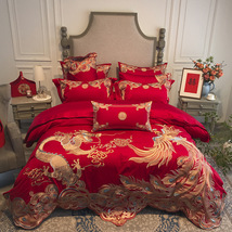【热销】婚庆四件套纯全棉大红色结婚床上用品套件婚礼龙凤刺绣被
