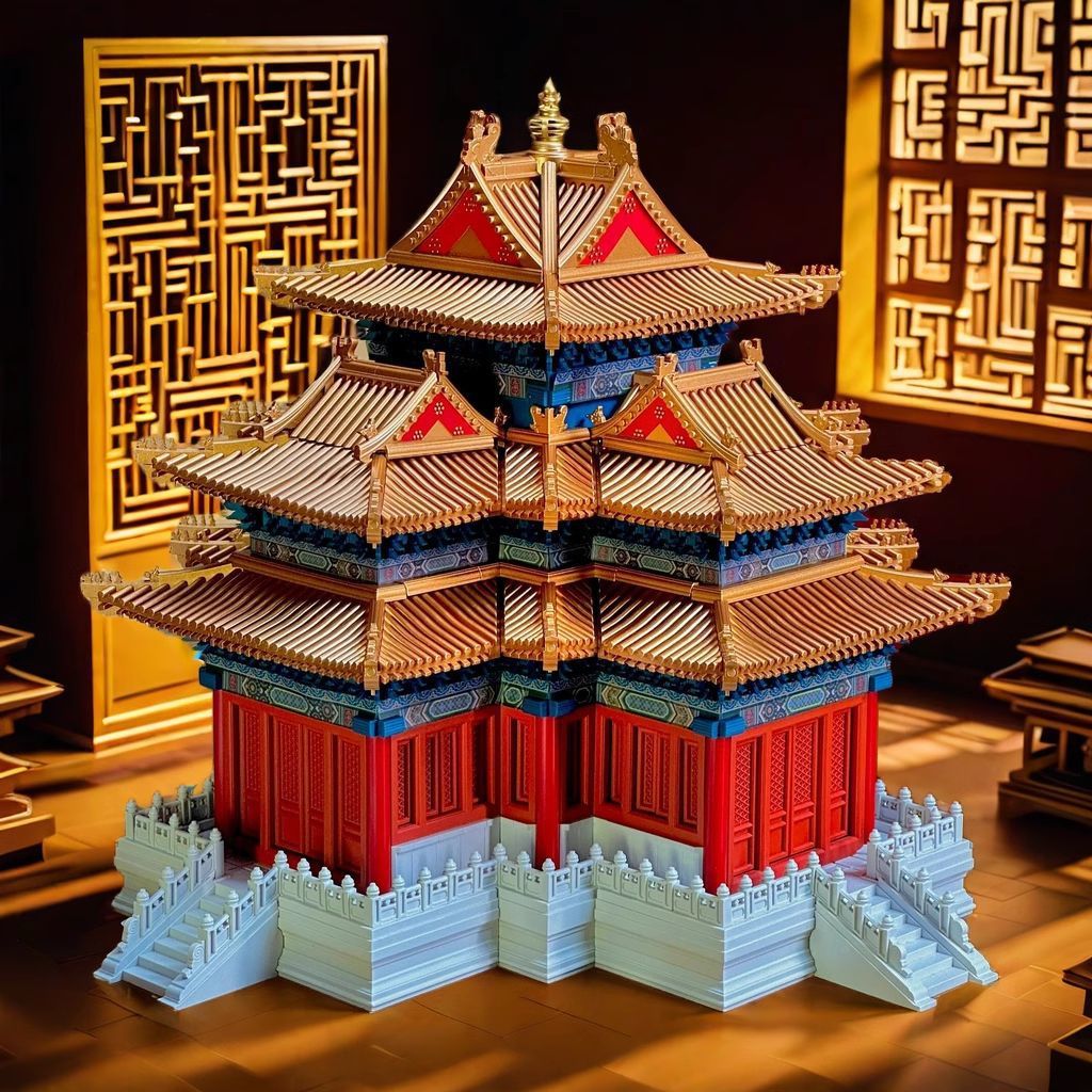 "National trend compatible with LEGO Forbidden City Corner Tower building block toys, educational assembly micro-lessons, particle puzzles, Chinese style. Specification image