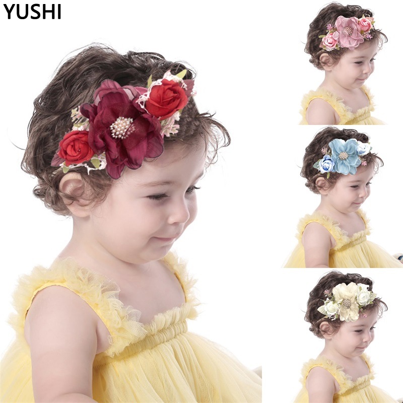 Cross-border new faux flower children's hair band, lace fabric high-elasticity baby hair band, nylon hair flower baby hair accessory details Picture