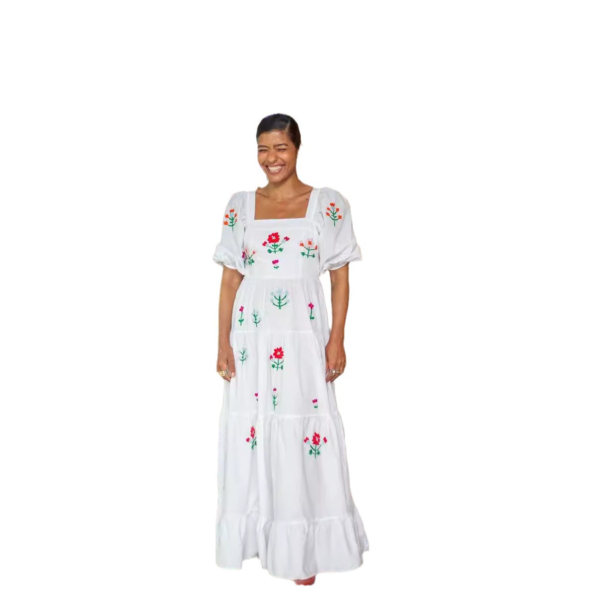 Amazon's new autumn collection of European and American style puffed-sleeve embroidered square collar long skirt beach vacation dress for women Item Picture