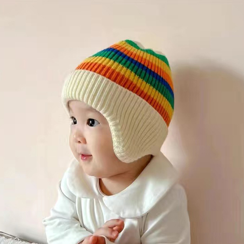 2022 Baby Hat Autumn Winter Men's And Women's Overhead Ear Protection Hat Korean Version Of Rainbow Knitted Hat Children's Warm Woolen Hat Tide details Picture
