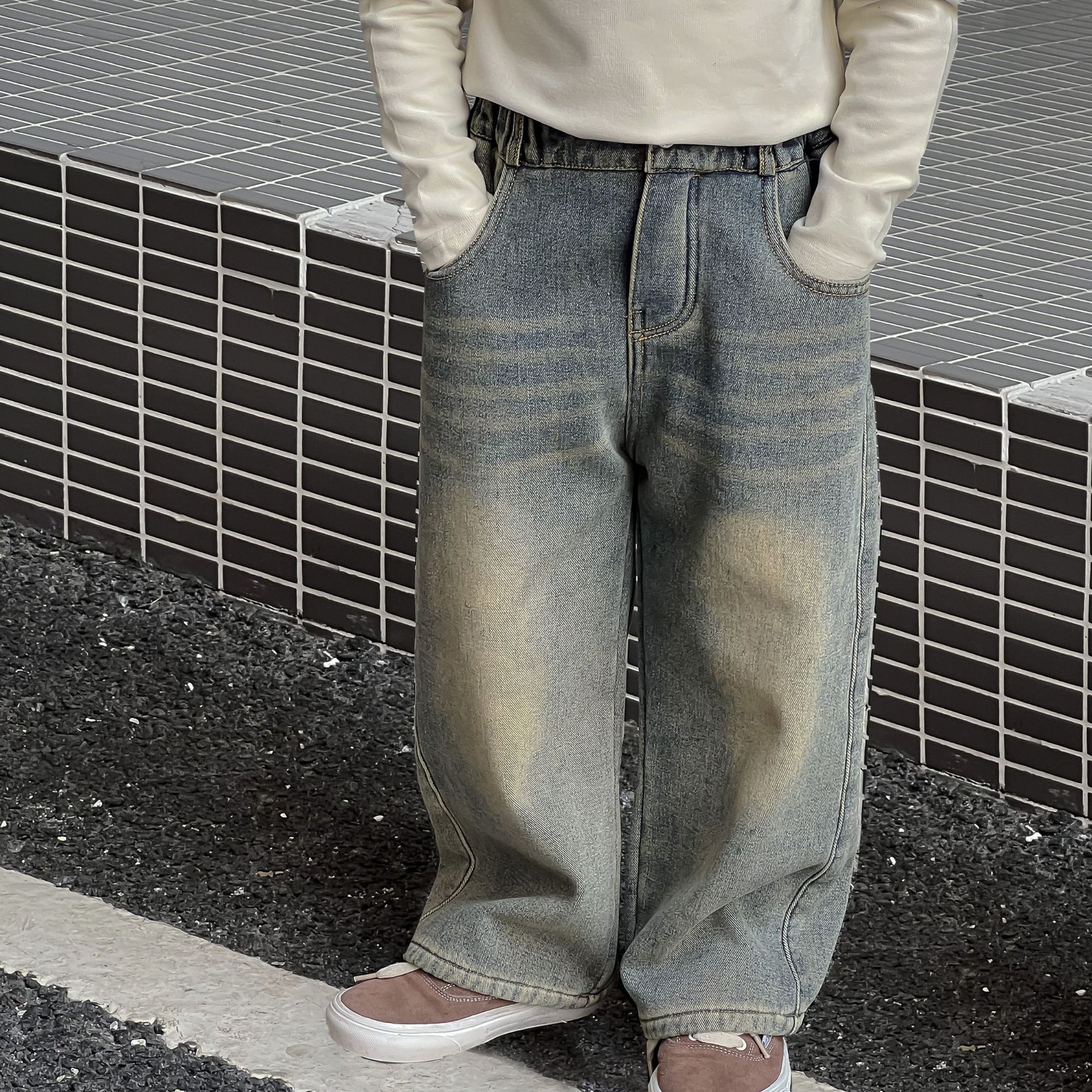 23秋冬中小童男童韩国童装复古水洗做旧铜色加绒一体绒蓝色牛仔裤图