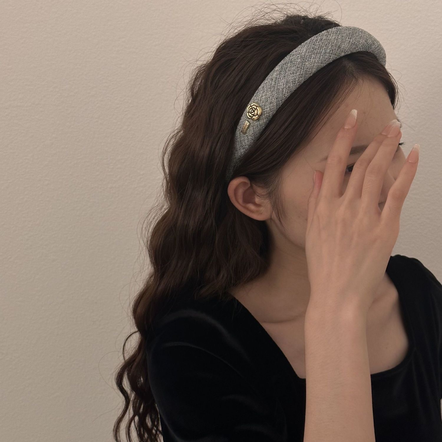 Elegant and retro camellia gold thread sponge hairband, high head Korean-style hairband, scented hairpin, elegant and girlish pic 3