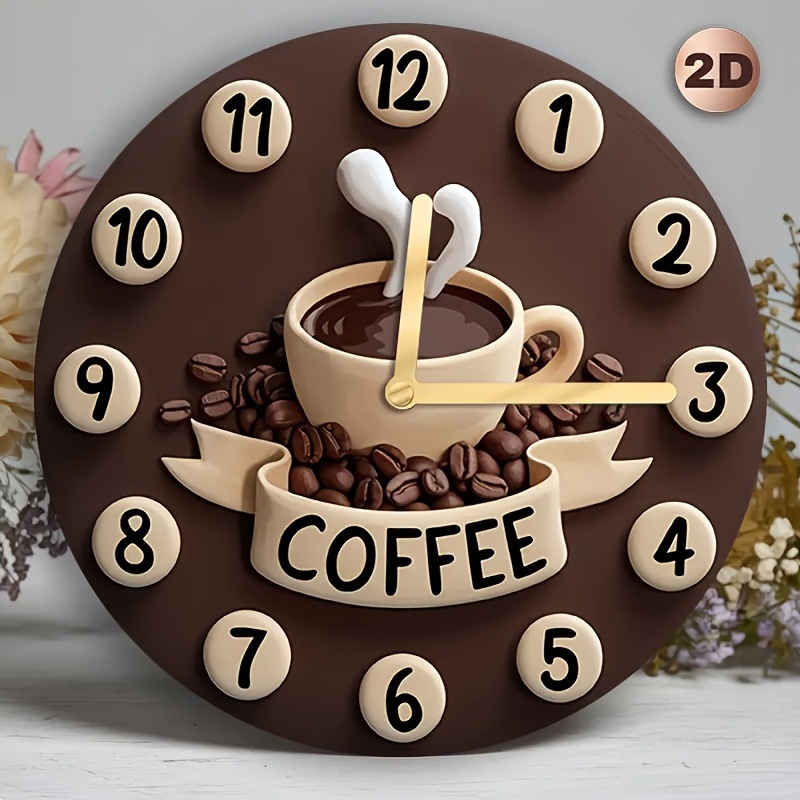 Cross-border wooden flat coffee cup wall clock, round wooden decorative coffee bean design, home kitchen garden decoration details Picture