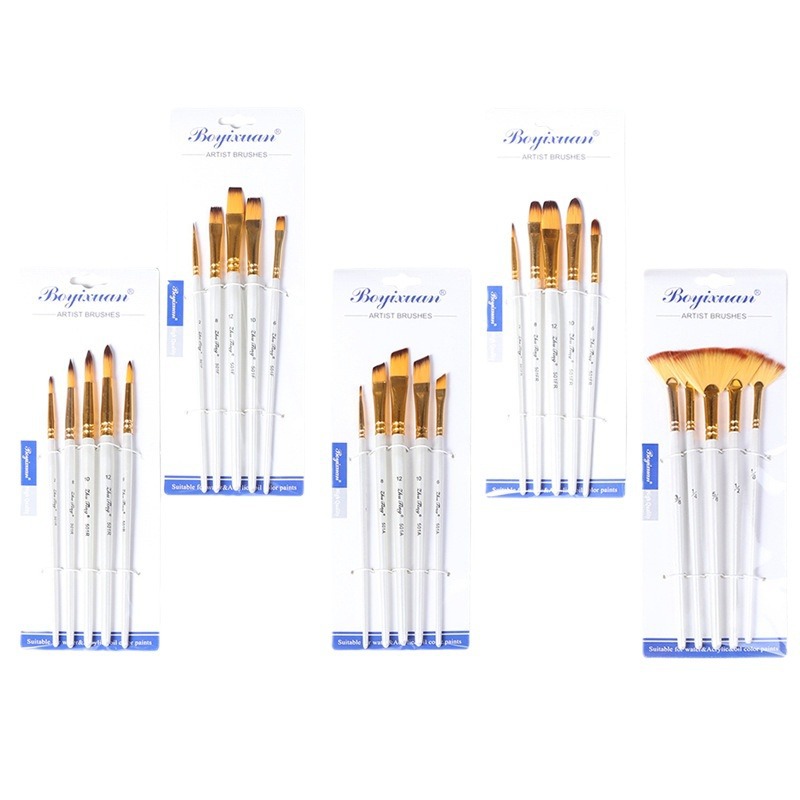 Boyi Xuan Pearl White Five-piece Set Wooden Art Materials Manufacturer Wholesale Nylon Gouache Acrylic fan-shaped brushes Item Picture
