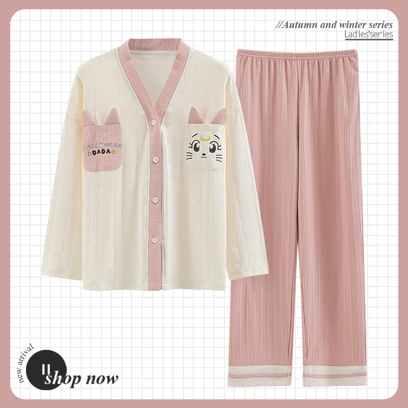 New Spring and autumn 2022 pajama women's long-sleeved cardigan V-neck kimono Korean cartoon cute women's home wear details Picture