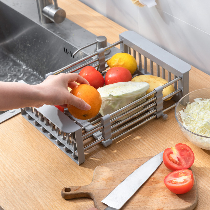 Kitchen sink draining basket, water passage plate, telescopic dishwashing and vegetable washing plate, tableware placement plate, stainless steel sink draining rack details Picture