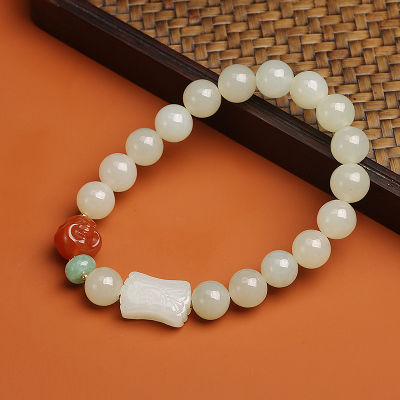 Natural Hetian jade Winter Plum Defying snow old material Hetian jade bracelet, red Maitreya with jade abacus beads jewelry for women Specification image