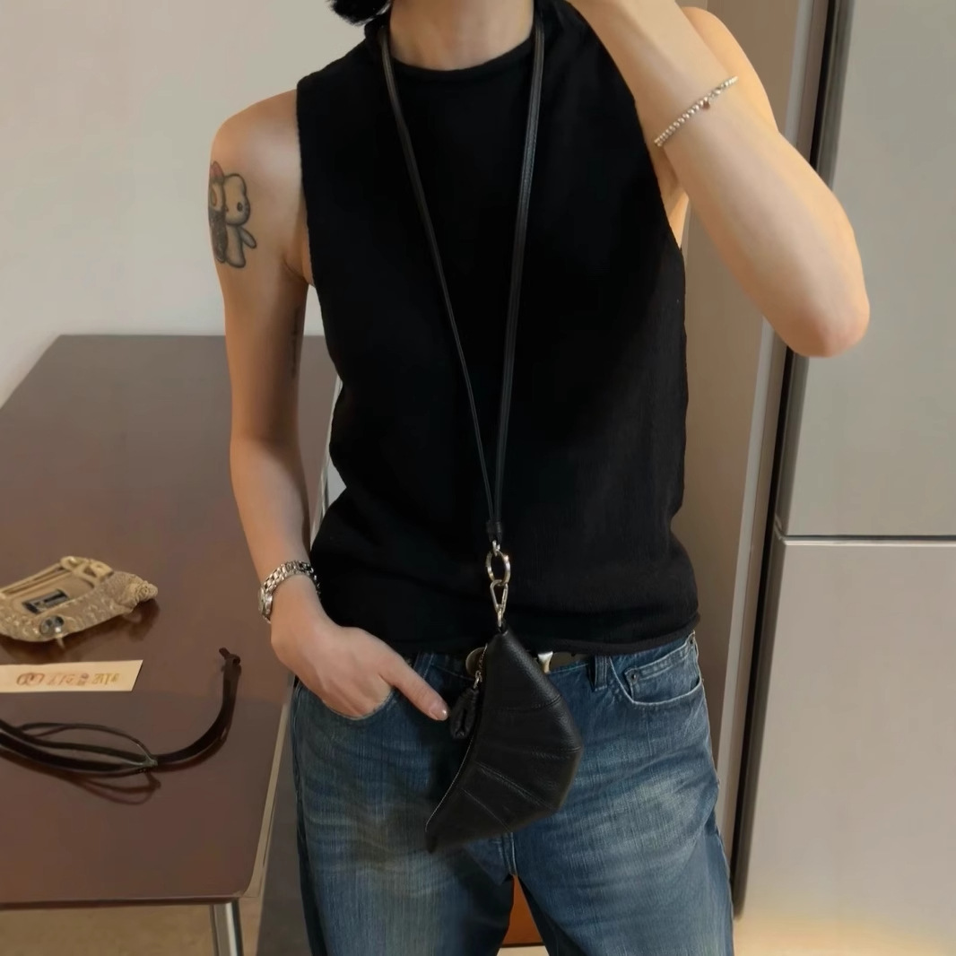 新款百搭多色亚麻棉感粗针织肌理颗粒半高领卷边毛织无袖背心5111详情图2