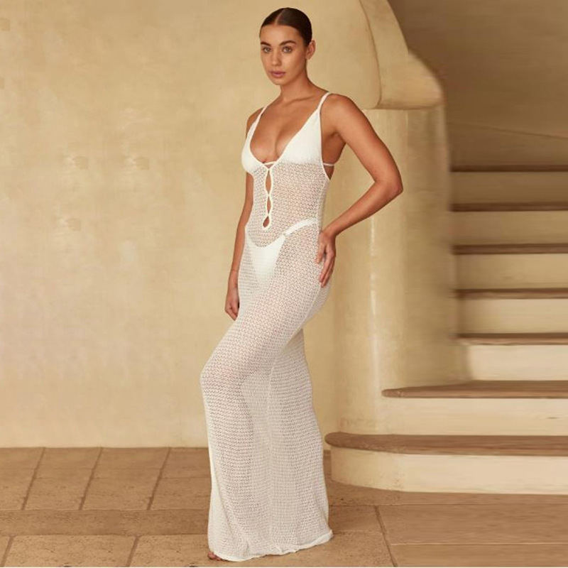 Amazon 2025 cross-border European and American women's clothing, V-neck knitted beach dress, sun-protective clothing, feminine style slit long dress Specification drawing