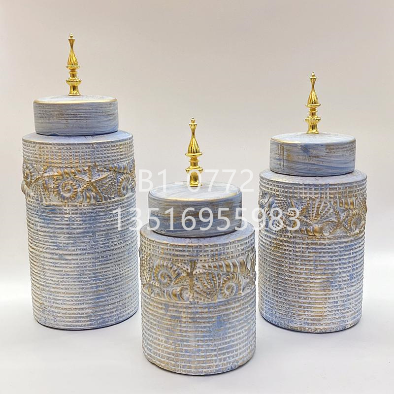 亚马逊美式乡村复古陶瓷储物罐家居饰品花瓶装饰摆件花插金堡花瓶