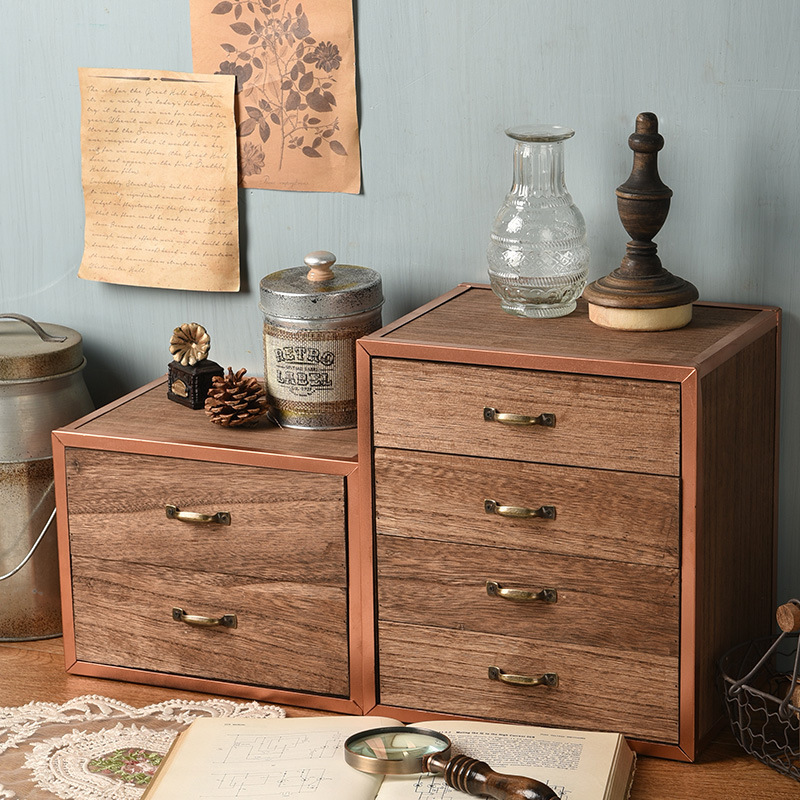 木质复古展示柜带抽屉化妆品杂物收纳盒家具北欧风桌面摆件收纳盒